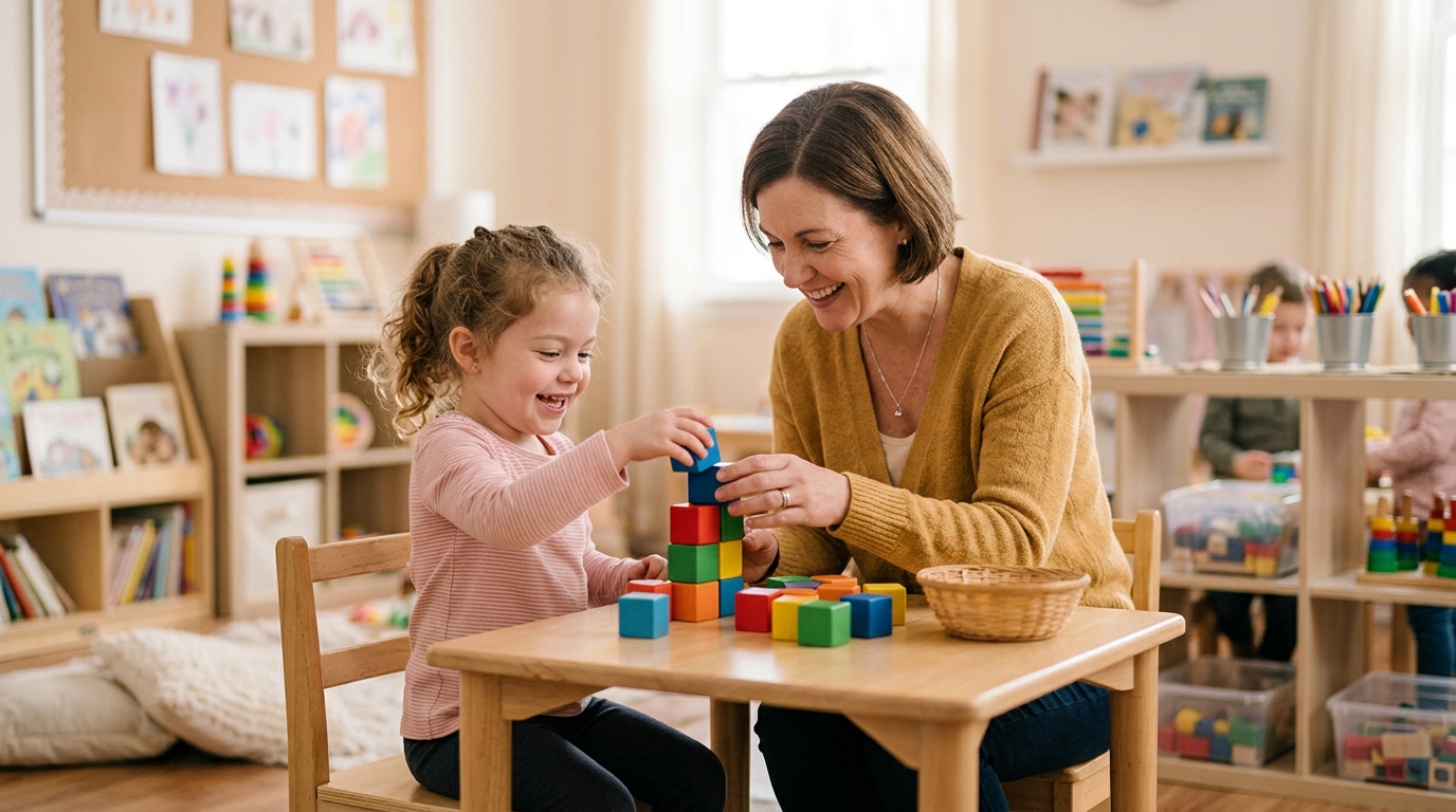Warm supportive teacher guiding a special child with wooden blocks
